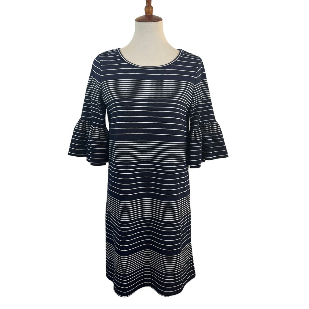 Max Studio Women’s Navy Blue White Striped Shift Dress Bell Sleeve